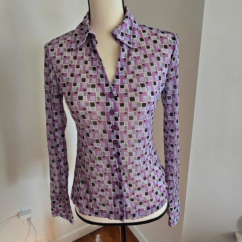 vintage y2k New York & Company purple
mosaic pattern nylon blouse S